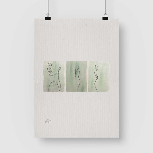 פוסטר One Line - 3 Ladies Poster ציור מקורי של גאיה המקדם את המודעות לאלימות בין בני זוג בכלל וכלפי נשים בפרט